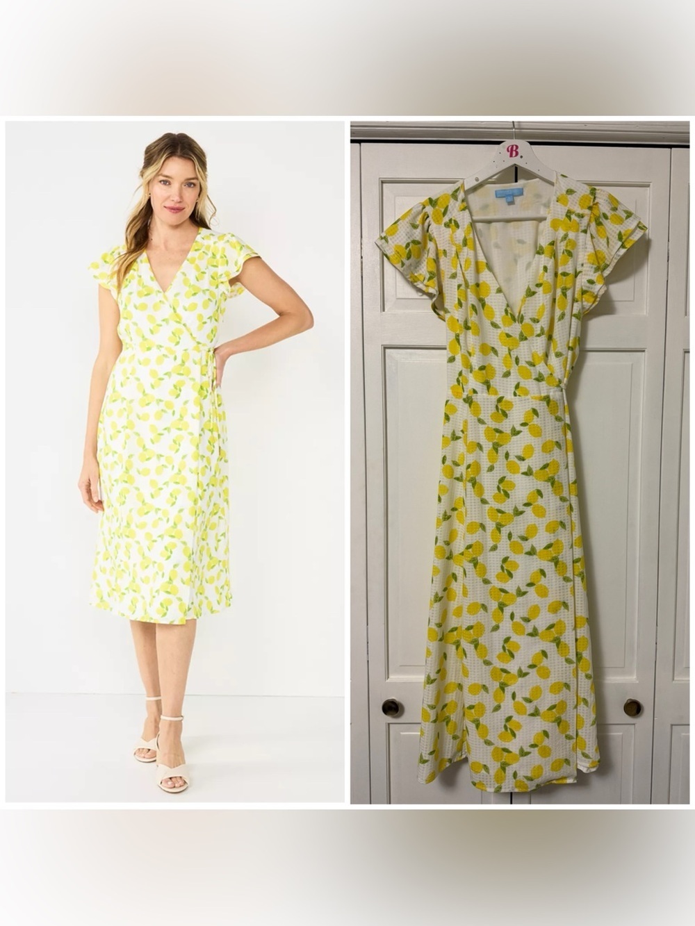 Draper James RSVP Yellow & Green Lemon-Print Wrap Midi Dress Resortwear Country